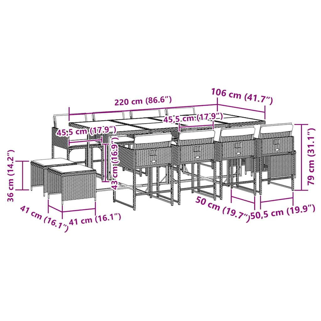 vidaXL 13 Piece Garden Dining Set with Cushions Grey Poly Rattan