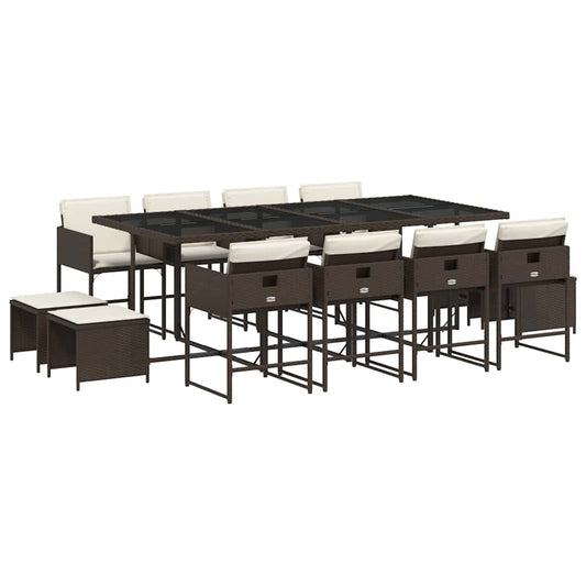 vidaXL 13 Piece Garden Dining Set with Cushions Brown Poly Rattan