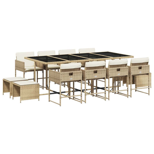 vidaXL 13 Piece Garden Dining Set with Cushions Beige Poly Rattan