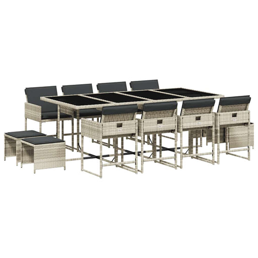 vidaXL 13 Piece Garden Dining Set with Cushions Light Grey Poly Rattan