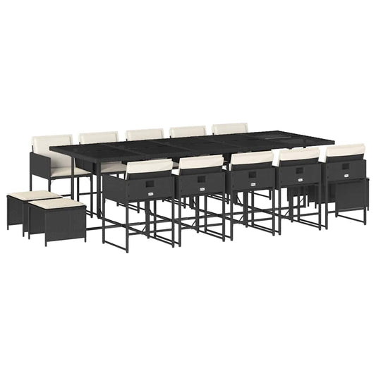 vidaXL 15 Piece Garden Dining Set with Cushions Black Poly Rattan