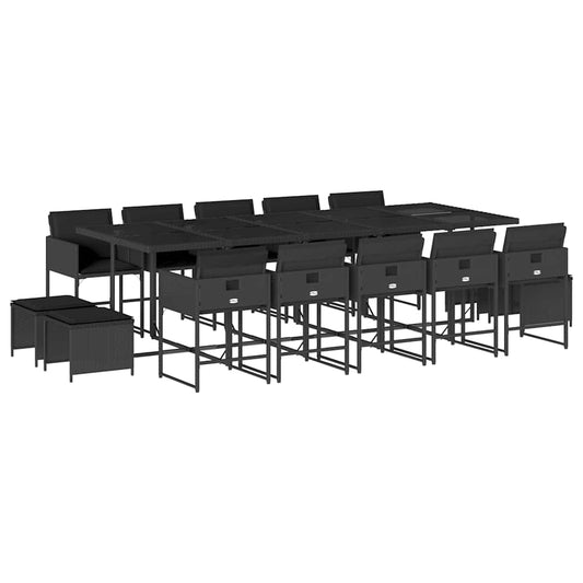 vidaXL 15 Piece Garden Dining Set with Cushions Black Poly Rattan