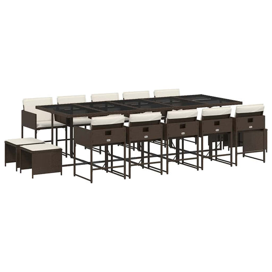 vidaXL 15 Piece Garden Dining Set with Cushions Brown Poly Rattan
