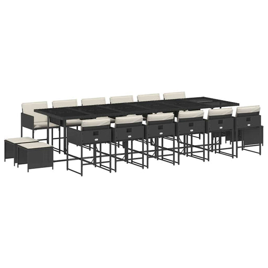 vidaXL 17 Piece Garden Dining Set with Cushions Black Poly Rattan