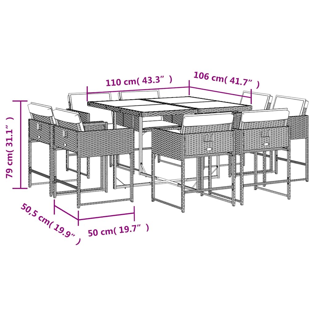 vidaXL 9 Piece Garden Dining Set with Cushions Grey Poly Rattan
