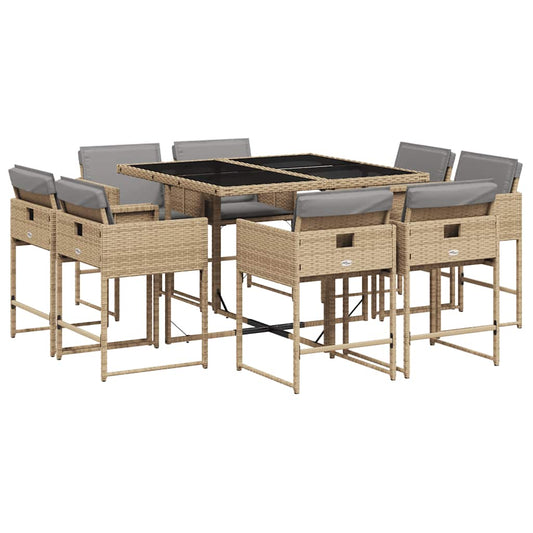 vidaXL 9 Piece Garden Dining Set with Cushions Mix Beige Poly Rattan