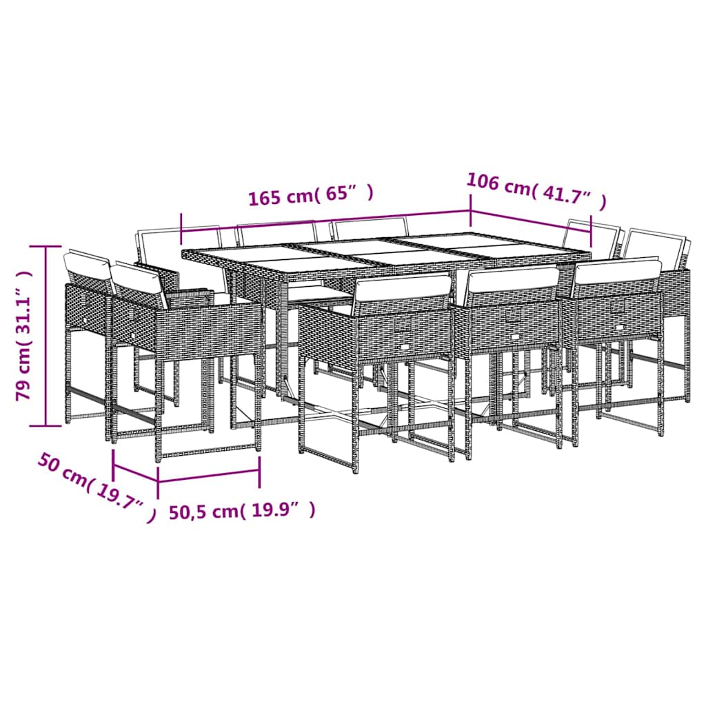 vidaXL 11 Piece Garden Dining Set with Cushions Brown Poly Rattan
