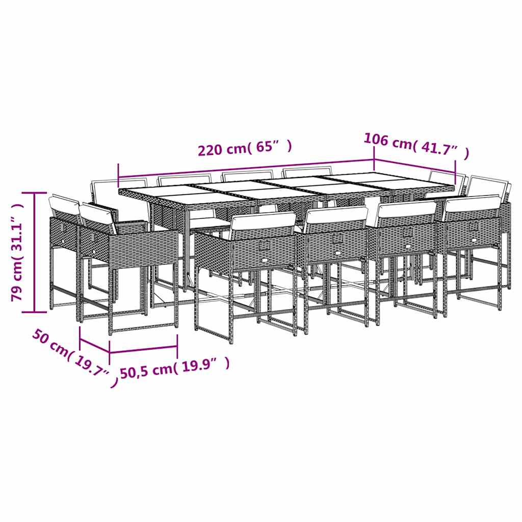 vidaXL 13 Piece Garden Dining Set with Cushions Brown Poly Rattan