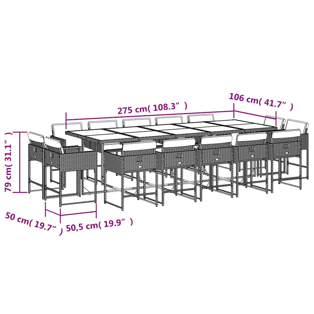 vidaXL 15 Piece Garden Dining Set with Cushions Black Poly Rattan