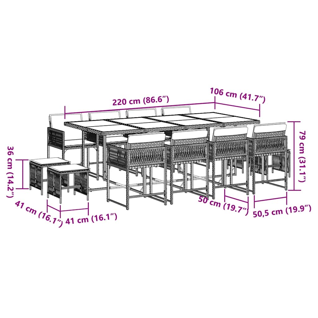 vidaXL 13 Piece Garden Dining Set with Cushions Grey Poly Rattan