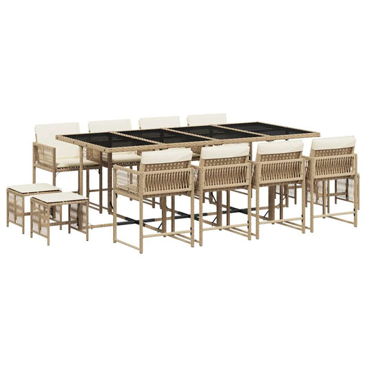 vidaXL 13 Piece Garden Dining Set with Cushions Beige Poly Rattan
