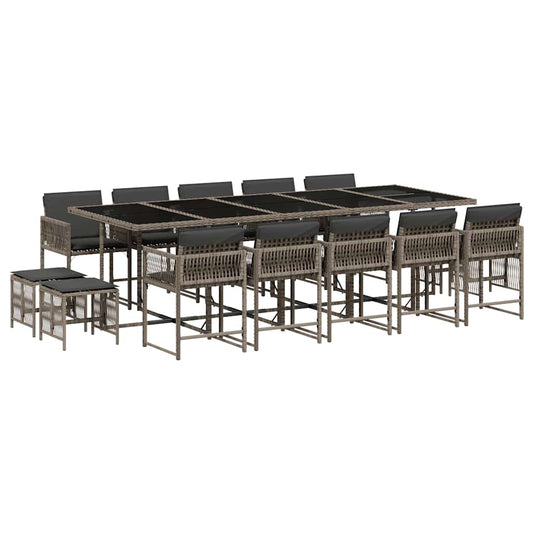 vidaXL 15 Piece Garden Dining Set with Cushions Grey Poly Rattan