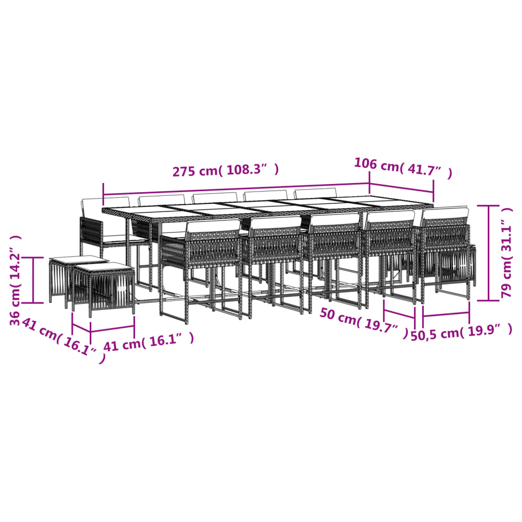 vidaXL 15 Piece Garden Dining Set with Cushions Grey Poly Rattan