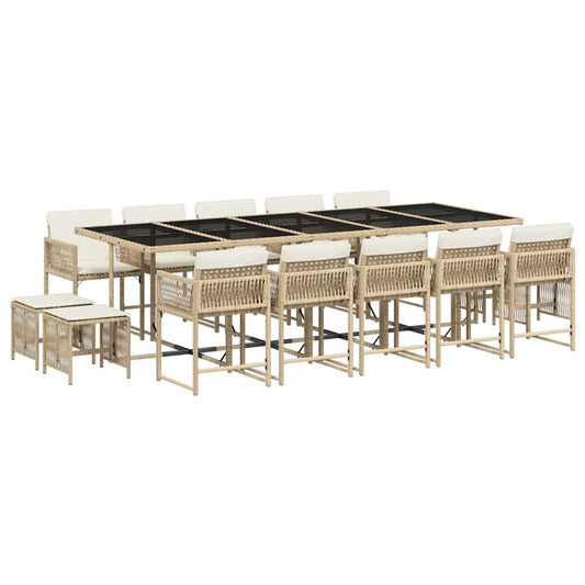 vidaXL 15 Piece Garden Dining Set with Cushions Beige Poly Rattan
