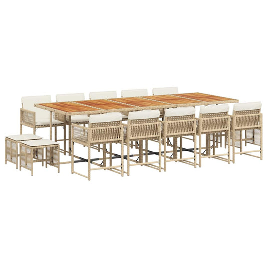 vidaXL 15 Piece Garden Dining Set with Cushions Beige Poly Rattan