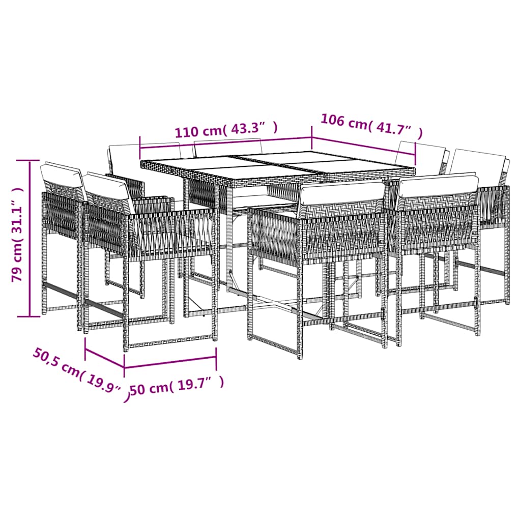 vidaXL 9 Piece Garden Dining Set with Cushions Brown Poly Rattan