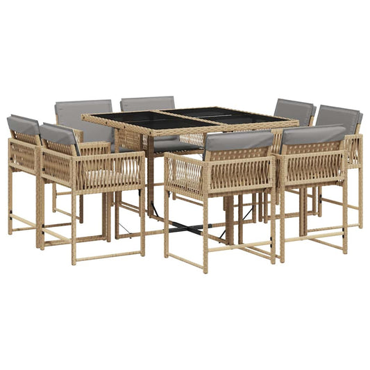 vidaXL 9 Piece Garden Dining Set with Cushions Mix Beige Poly Rattan
