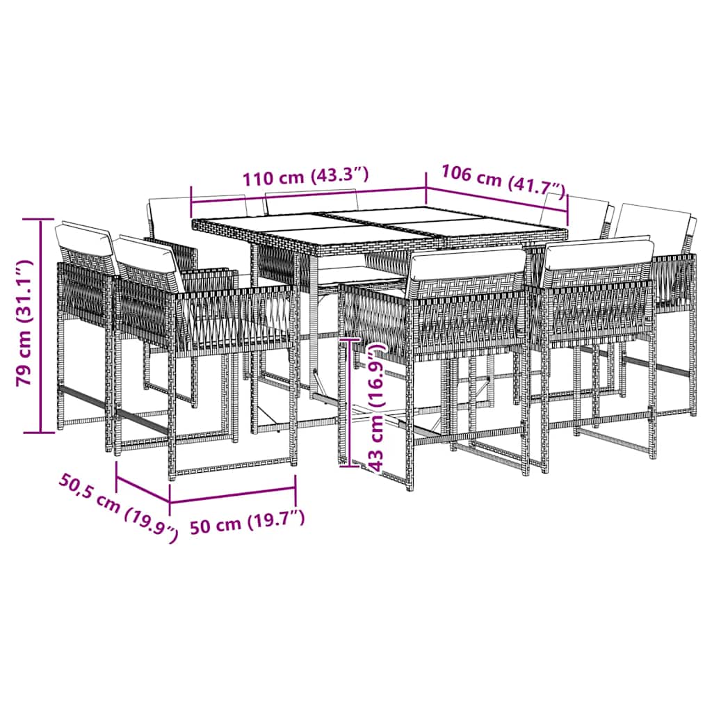 vidaXL 9 Piece Garden Dining Set with Cushions Black Poly Rattan