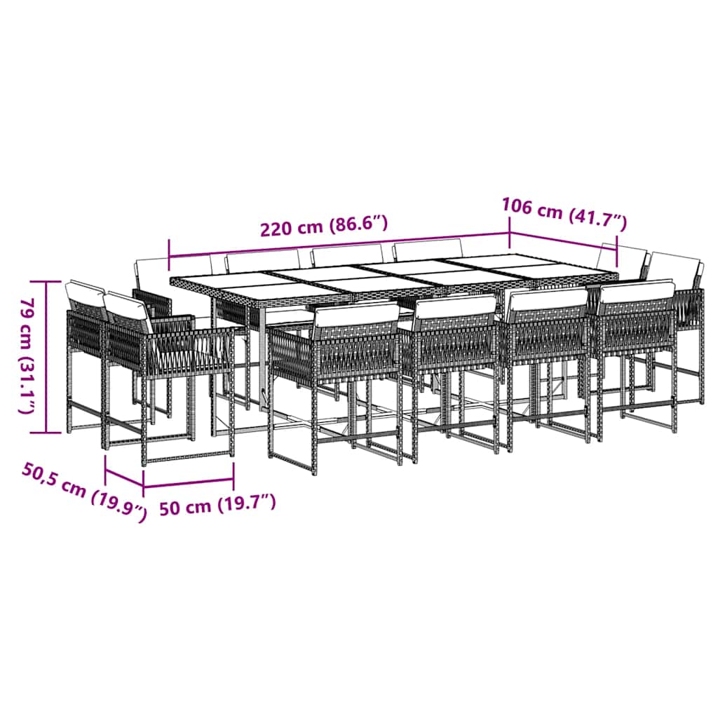vidaXL 13 Piece Garden Dining Set with Cushions Grey Poly Rattan