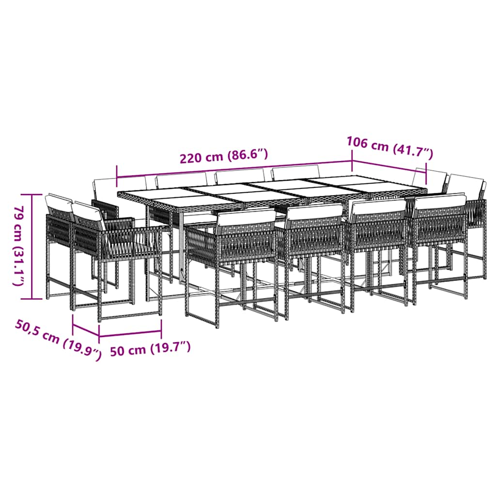 vidaXL 13 Piece Garden Dining Set with Cushions Brown Poly Rattan