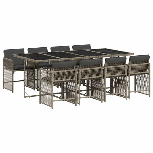 vidaXL 9 Piece Garden Dining Set with Cushions Grey Poly Rattan