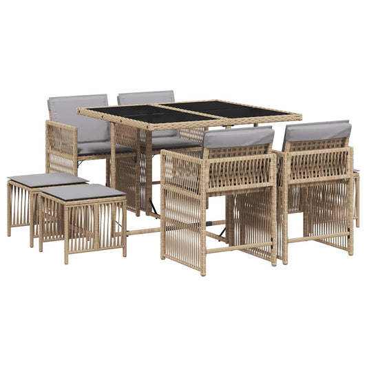 vidaXL 9 Piece Garden Dining Set with Cushions Mix Beige Poly Rattan