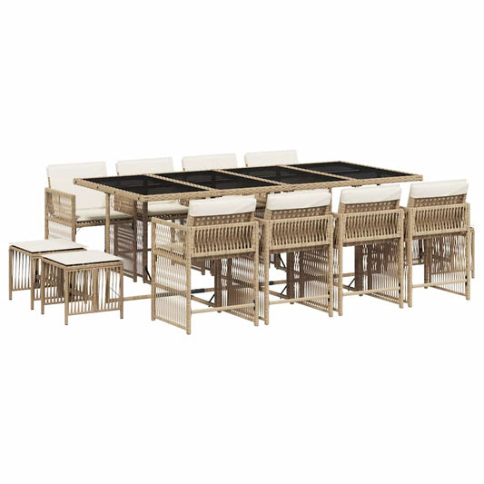 vidaXL 13 Piece Garden Dining Set with Cushions Beige Poly Rattan