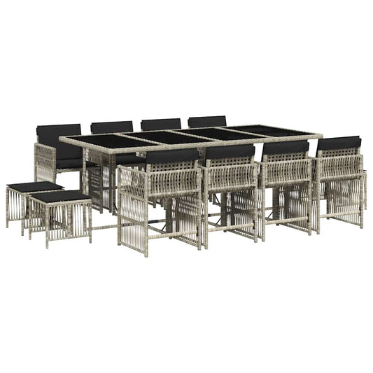 vidaXL 13 Piece Garden Dining Set with Cushions Light Grey Poly Rattan