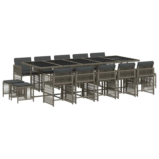 vidaXL 15 Piece Garden Dining Set with Cushions Grey Poly Rattan