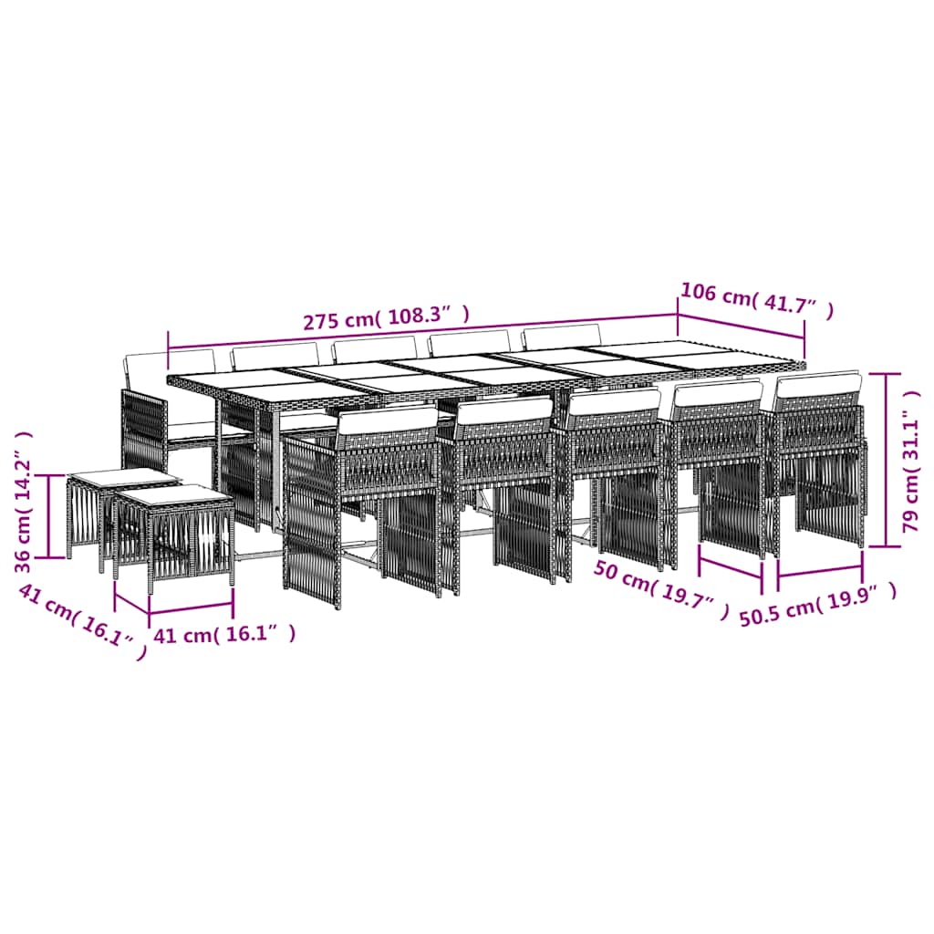 vidaXL 15 Piece Garden Dining Set with Cushions Beige Poly Rattan