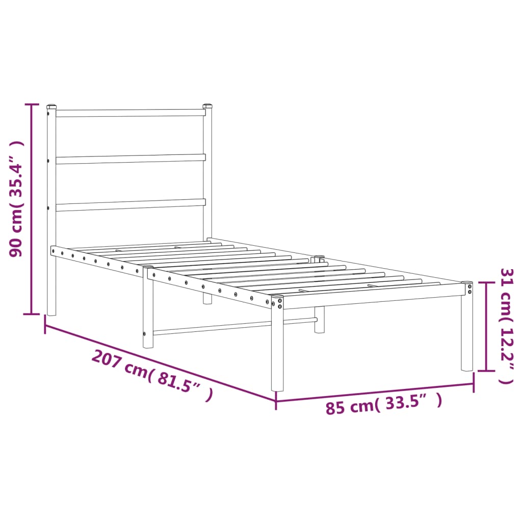 vidaXL Metal Bed Frame without Mattress with Headboard Black 80x200cm