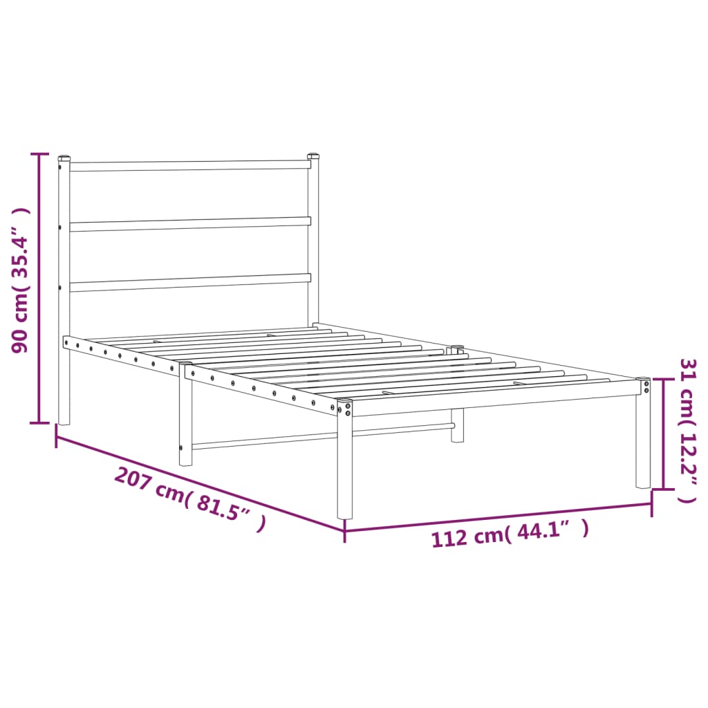 vidaXL Metal Bed Frame without Mattress with Headboard Black 107x203cm