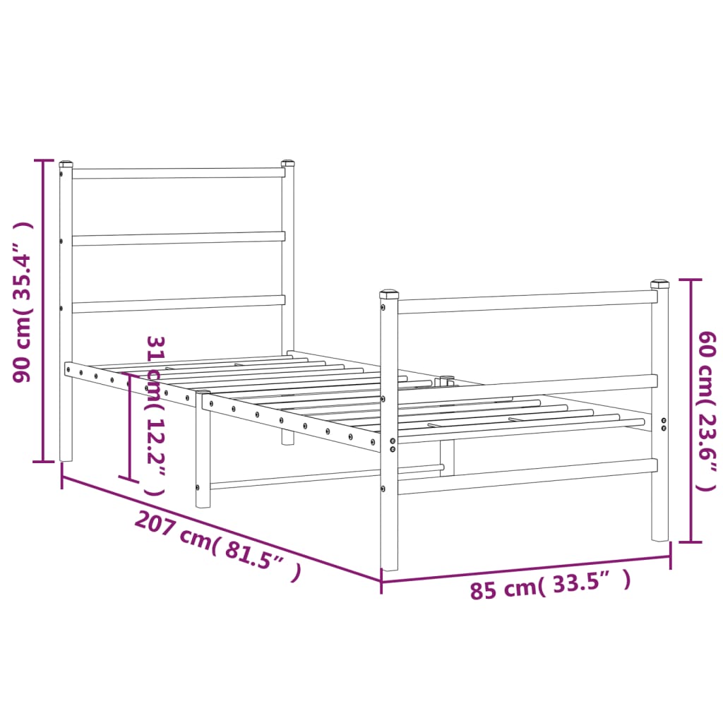 vidaXL Metal Bed Frame without Mattress with Footboard Black 80x200cm
