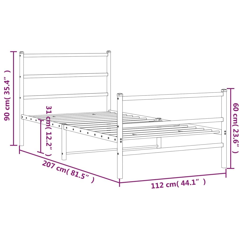vidaXL Metal Bed Frame without Mattress with Footboard Black 107x203cm