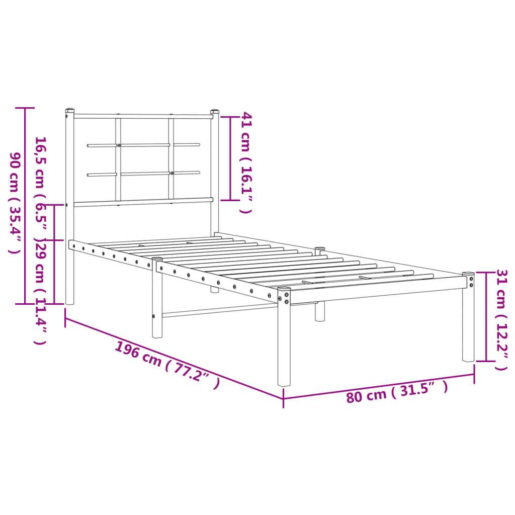 vidaXL Metal Bed Frame without Mattress with Headboard Black 75x190cm