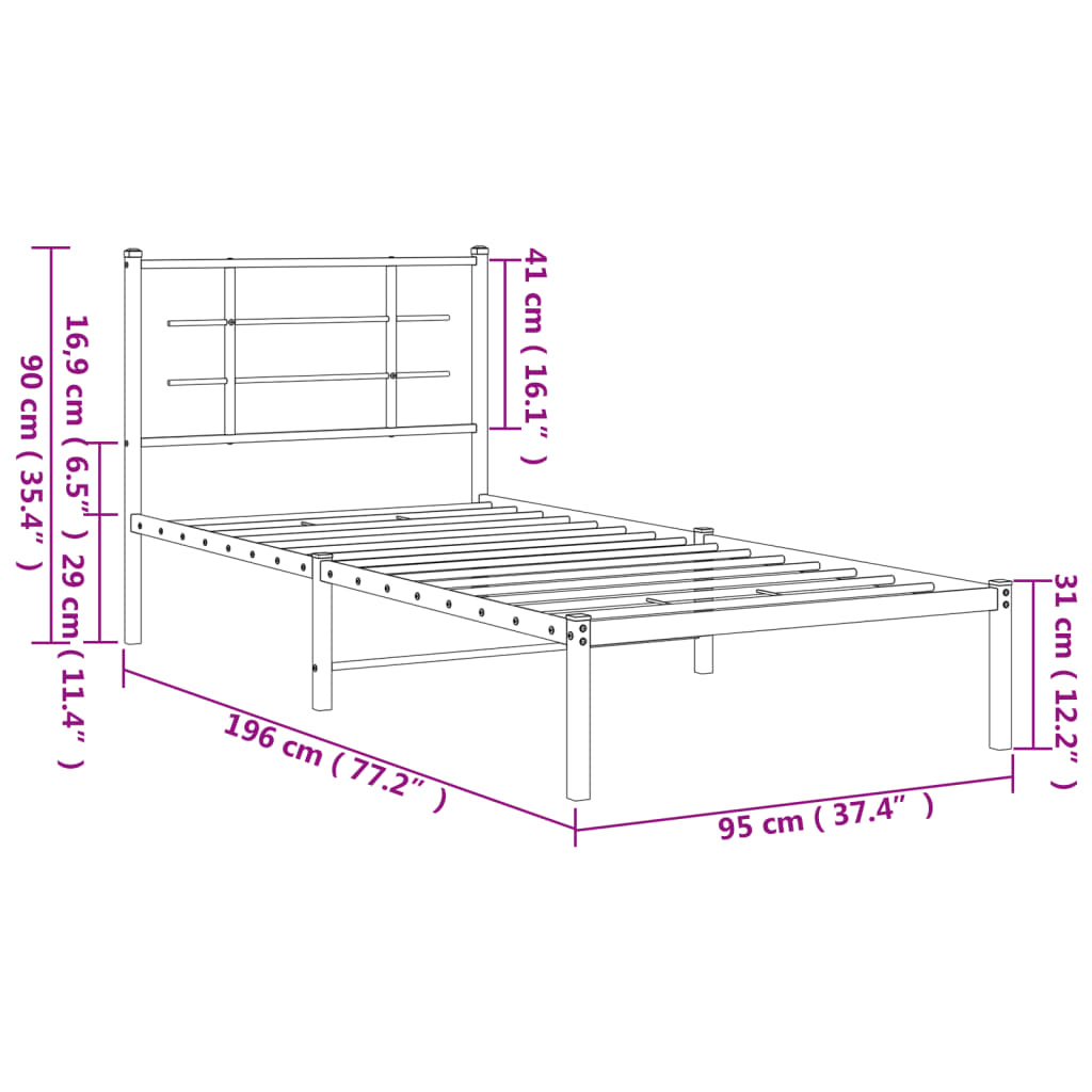 vidaXL Metal Bed Frame without Mattress with Headboard Black 90x190cm