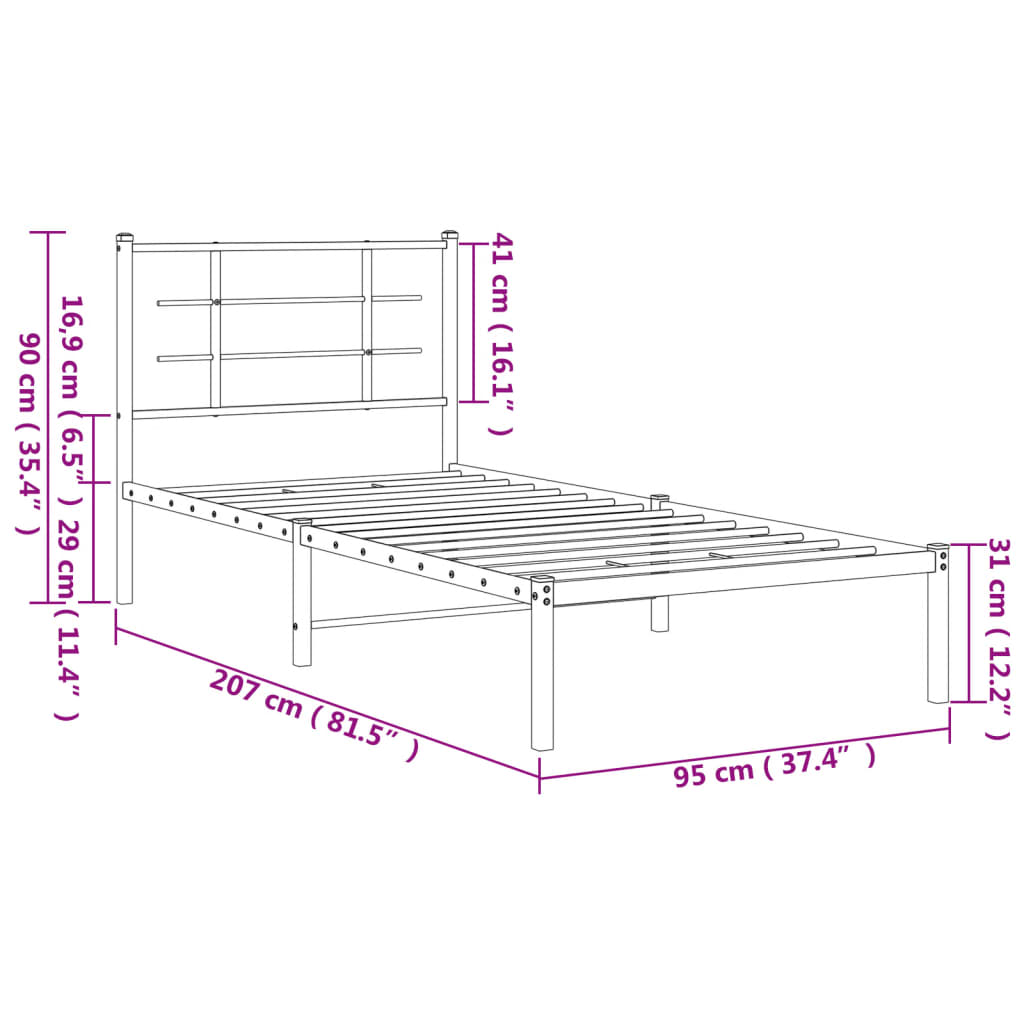 vidaXL Metal Bed Frame without Mattress with Headboard Black 90x200cm