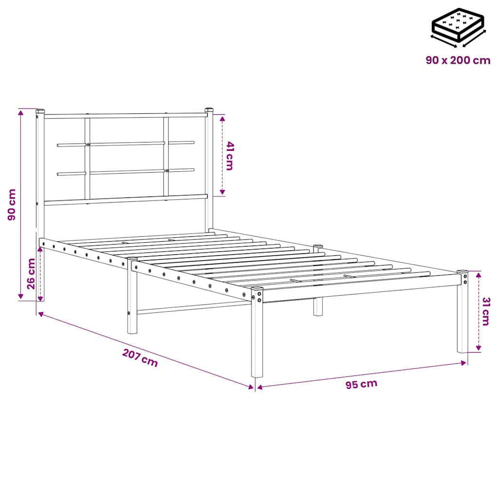 vidaXL Metal Bed Frame without Mattress with Headboard Black 90x200cm