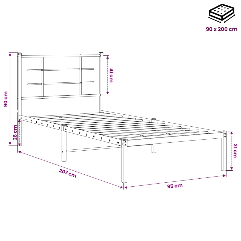 vidaXL Bed Frame | Black | Powder-Coated Steel | Single | Bed Frame