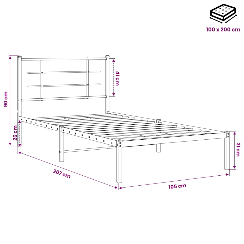 vidaXL Bed Frame | Black | Powder-Coated Steel | Single | Modern | Bed Frame