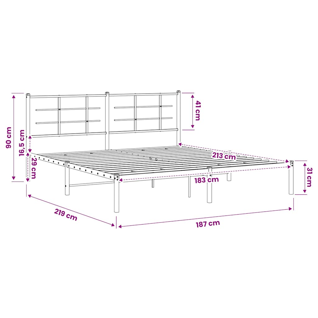 vidaXL Metal Bed Frame without Mattress with Headboard Black 183x213cm