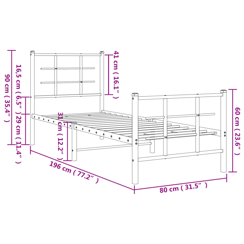 vidaXL Metal Bed Frame without Mattress with Footboard Black 75x190cm