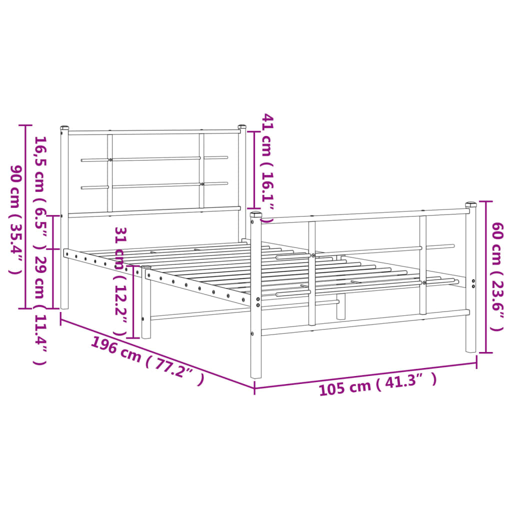 vidaXL Metal Bed Frame without Mattress with Footboard Black 100x190cm