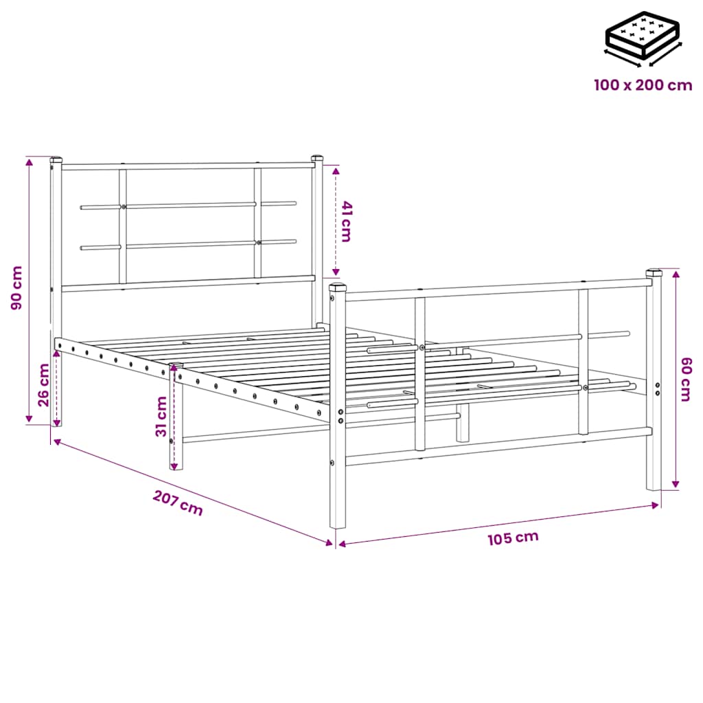 vidaXL Metal Bed Frame without Mattress with Footboard Black 100x200cm