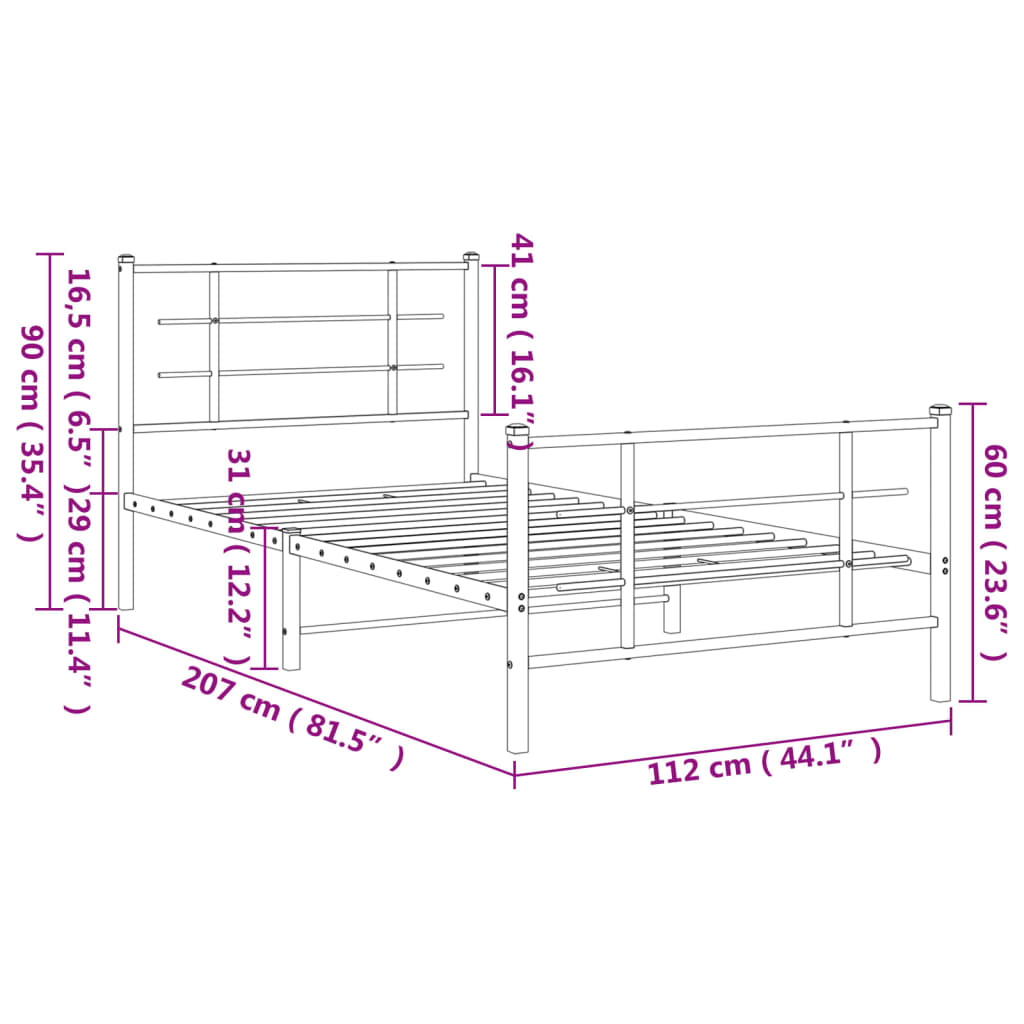 vidaXL Bed Frame | Black | Powder-Coated Steel | 107x203 cm | Metal Bed Frame