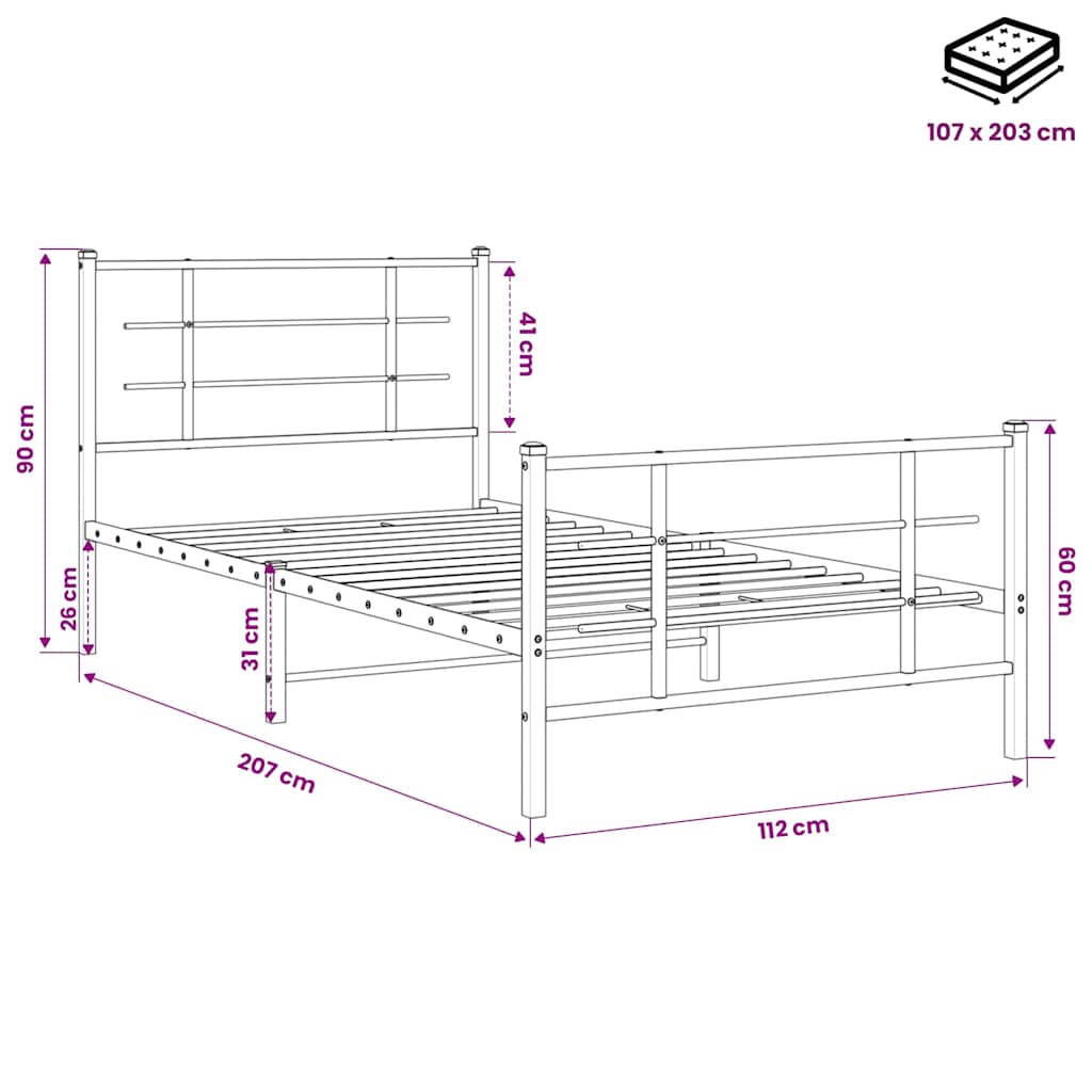 vidaXL Metal Bed Frame without Mattress with Footboard Black 107x203cm