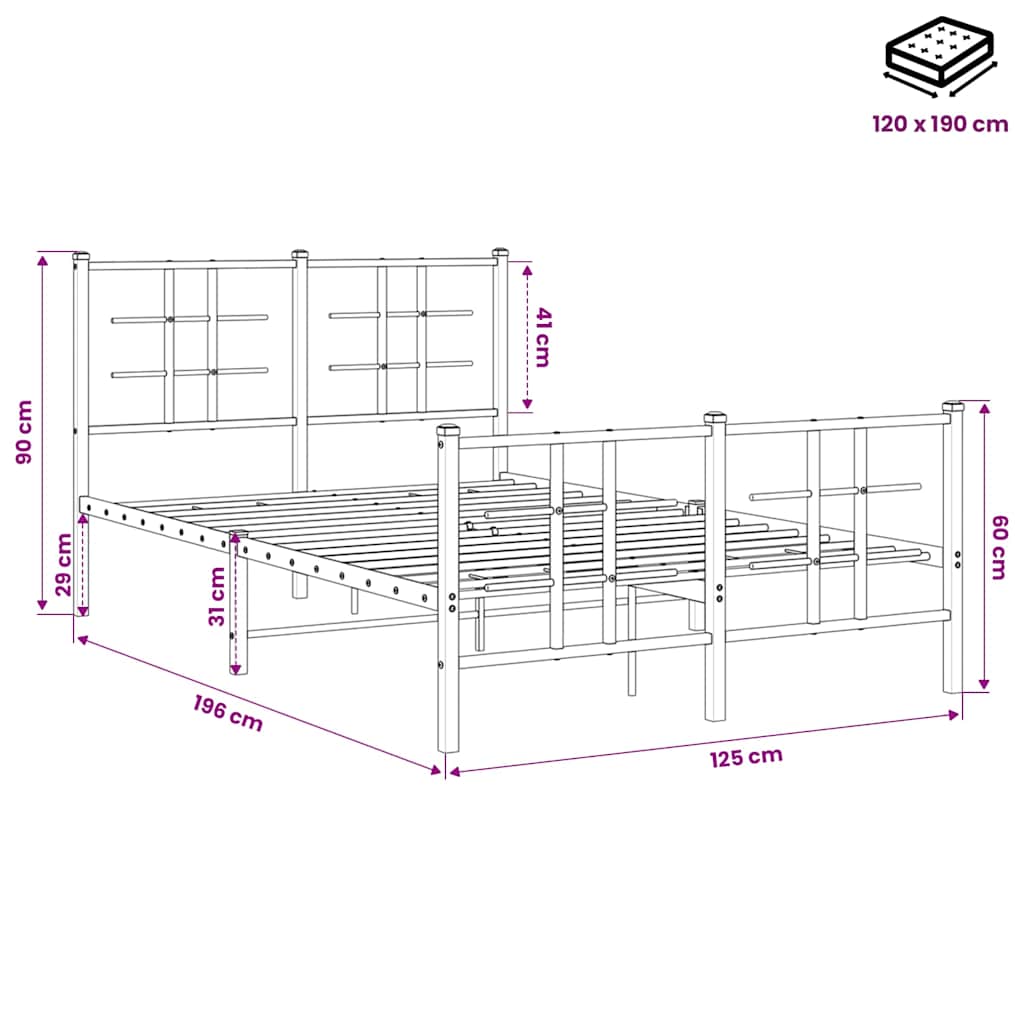 vidaXL Metal Bed Frame without Mattress with Footboard Black 120x190cm