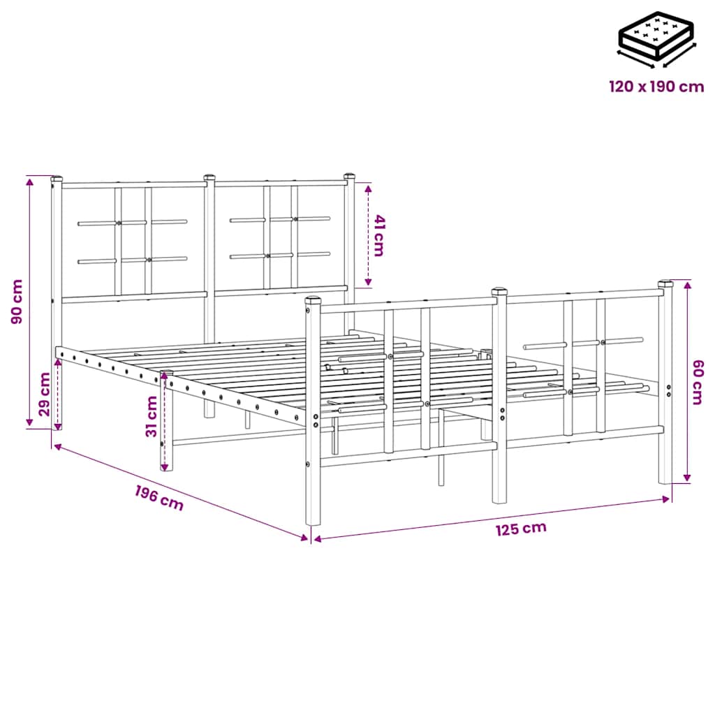 vidaXL Metal Bed Frame without Mattress with Footboard Black 120x190cm