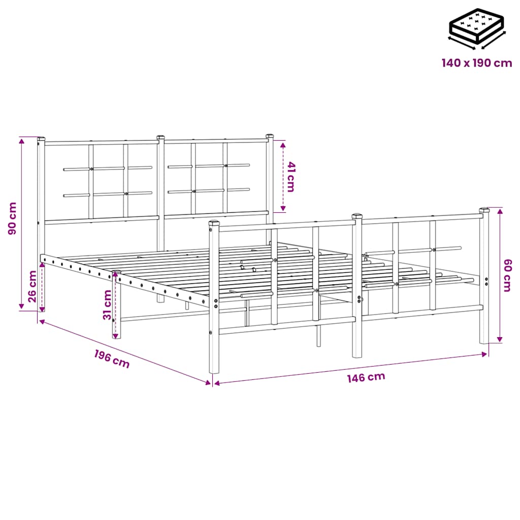 vidaXL Metal Bed Frame without Mattress with Footboard Black 140x190cm