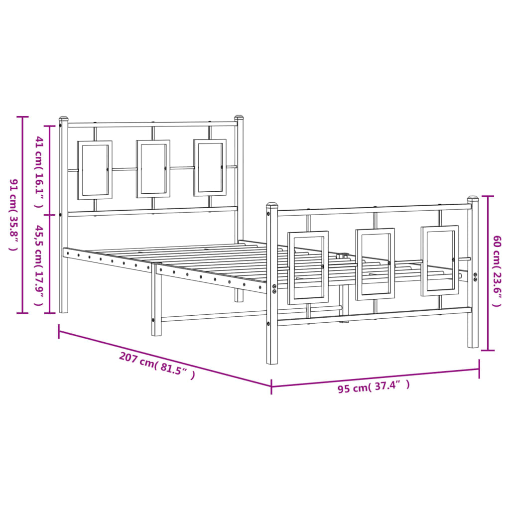 vidaXL Metal Bed Frame without Mattress with Footboard Black 90x200cm